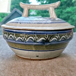 David Norton Handmade Ceramic Vegetable Steamer Signed Blue  Milky White Glaze